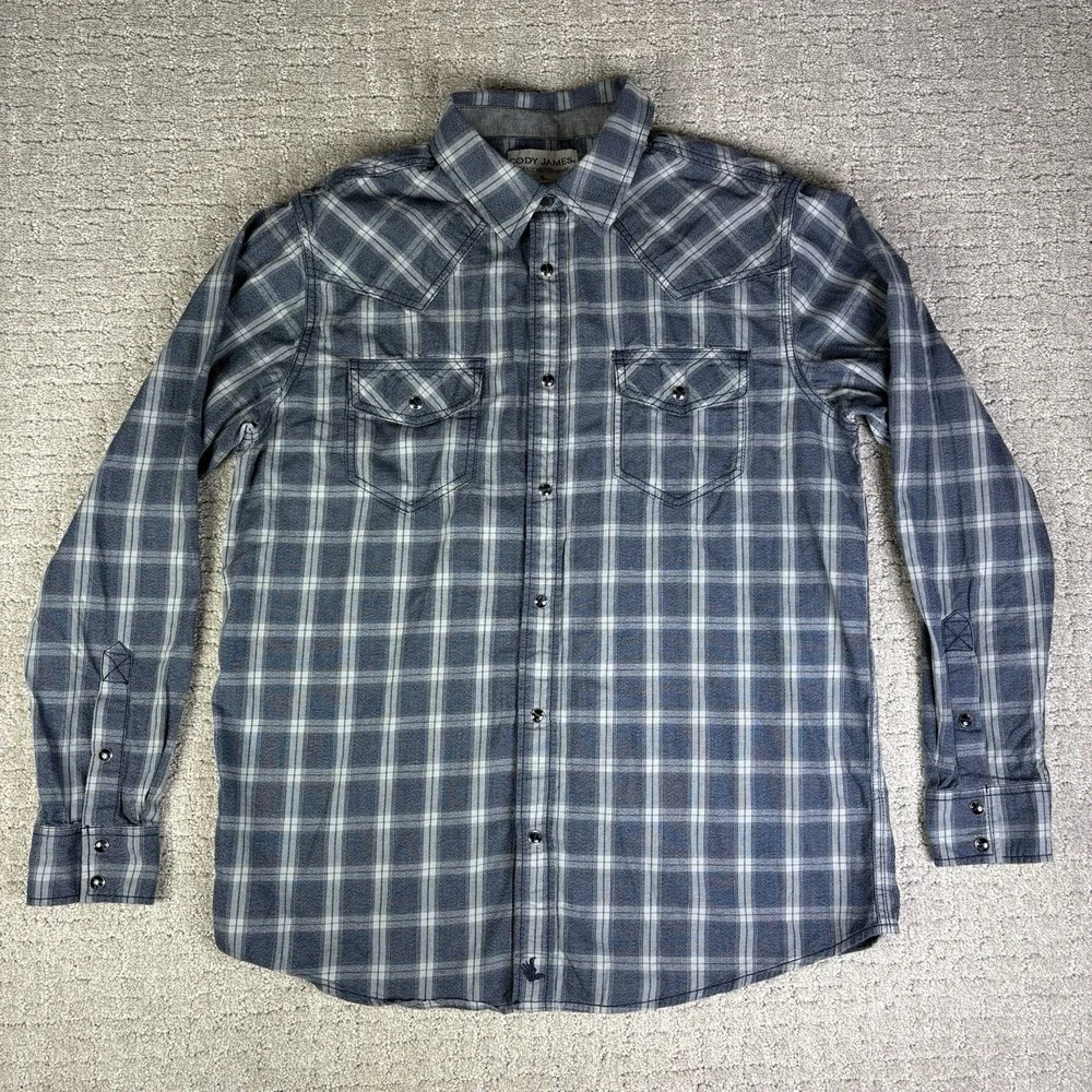 Cody James Mens Medium Pearl Snap Western Shirt Blue Plaid Long Sleeve Cowboy